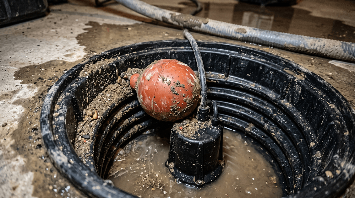 Sump pump float switch tightly wedged and trapped against the plastic basin liner wall