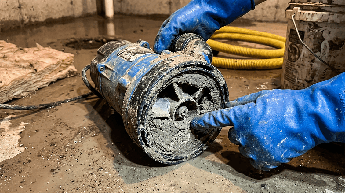 Submersible sump pump pulled from basin showing heavy siltation and clogged intake screen