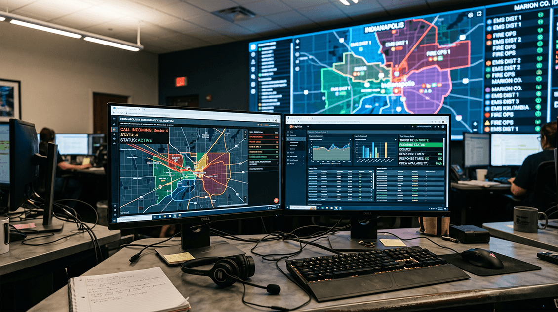 Emergency dispatch routing center operator managing incoming calls for water damage restoration in Indianapolis