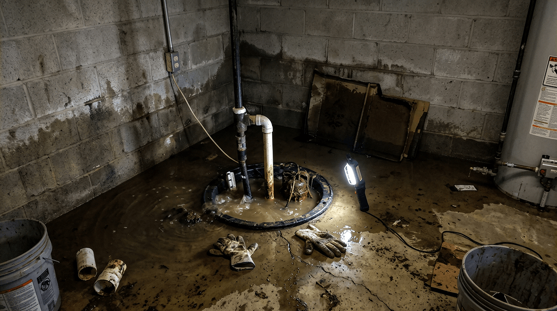 Cross section of a flooded foundation slab in Indianapolis showing mechanical pump basin overflow