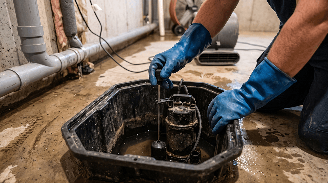 Plumber adjusting mechanical float switch assembly on a submersible sump pump inside a basement basin pit