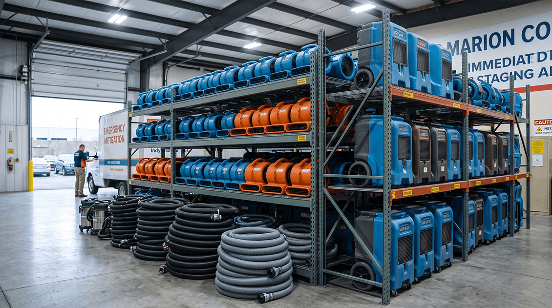 Commercial water restoration equipment, air movers and industrial dehumidifiers organized on metal shelves in Indianapolis warehouse