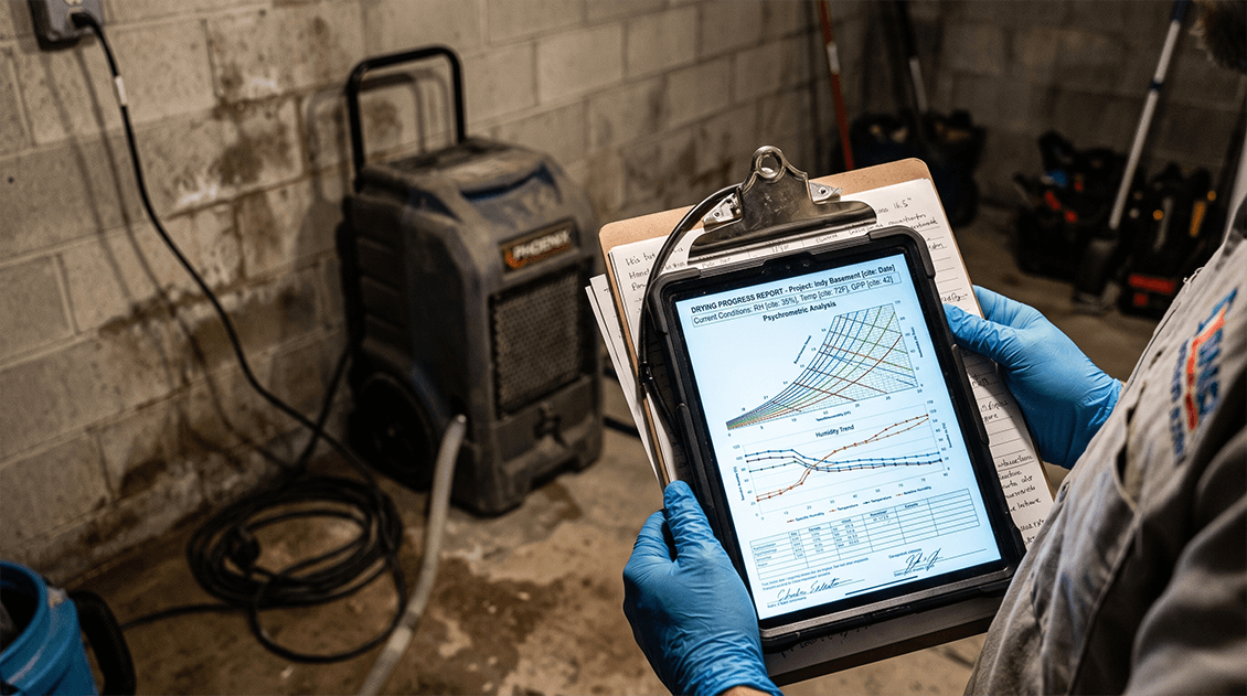 Restoration technician holding a tablet with psychrometric drying charts for an insurance claim in Indy basement