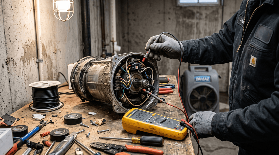 Electrician using digital multimeter to test thermal overload sensor on an overheated sump pump motor housing