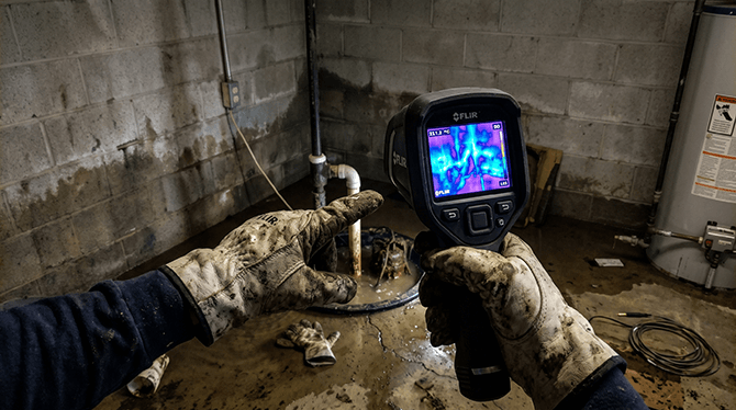 Technician utilizing a thermal camera to map hidden water migration paths behind a finished basement wall structure